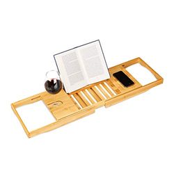 Relaxdays Bamboo Bathtub Tray with Book Support, HxWxD 17.5 x 70 x 22 cm, Wine Glass Holder, Bath Caddy, Shelf, Natural Brown, 22 x 100 x 17.5 cm