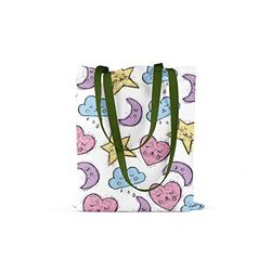 Bonamaison Printed Tote Bag, Reusable Grocery Bag, Shopping Bag, Machine Washable, Foldable, Canvas Cloth Bag with Green Handles, Size: 34x40 cm