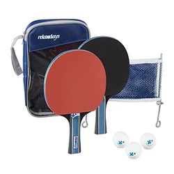 Relaxdays Juego Set de Tenis de Mesa, Funda y Red, 2 Palas de Madera, 3 Pelotas de Ping Pong, Mini Kit de Pimpón, Negro-Rojo, Caucho, 27 x 18 x 4,5 cm