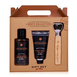 Accentra Zestaw upominkowy MEN'S COLLECTION w pudełku prezentowym z papieru typu kraft z uchwytem, w zestawie żel do kąpieli i żel pod prysznic, 60 ml balsam po goleniu i otwieracz do butelek z
