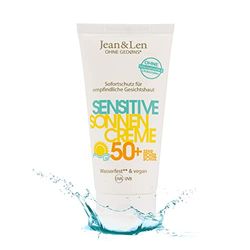 Jean & Len Crema Solar Sensitive 50+ SPF resistente al agua, protección para pieles sensibles, sin siliconas ni nanopartículas, octocrileno, microplásticos, fragancias y colorantes, vegano, 50 ml