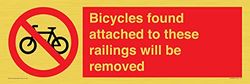 Panneau « Bicycles found attached to these railings will be removed » - 450 x 150 mm - L41