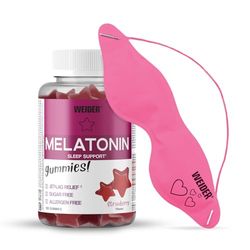 Weider Pack Melatonin 120 Gummies Sabor Fresa + Antifaz Belleza, 1 mg melatonina/gominola, Ayuda contra insomnio, jet-lag, trastornos del sueño, con Vitamina B6, Sin Azúcar, Sin Gluten (para 4 meses)