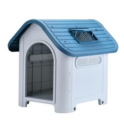 Lanco - Cuccia per Cani di Piccola Taglia con Tettuccio Apribile Regolabile. Uso interno ed esterno con prese d'aria. Materiale resistente. 75x59x66cm. Blu e Bianco.