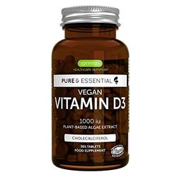 Pure & Essential Vitamina D3 Vegana 1000iu Colecalciferolo fornitura per 1 anno| Estratto naturale e vegetale di alghe | 365 compresse