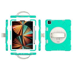 iPad Pro12.9 2018/2020/2021 Generation Case with Screen Protector Pencil Holder Kickstand Hand Strap 360 Rotating Hand Strap Stand Durable Protective Case (Emerald Green)