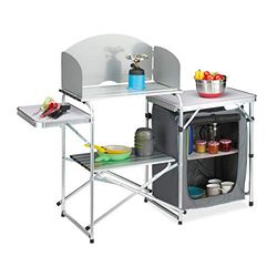 Relaxdays Cocina Camping con Paravientos, Plegable, Bolsa de Transporte, Armario Acampada, 111x147x46 cm, Blanco y Gris