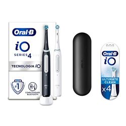 Oral-B iO4 Cepillos de Dientes Eléctricos (Pack de 2) Blanco y negro, 2 Mangos Recargables, Tecnología Magnética iO, 2 Cabezales de Recambio y 1 Funda de Viaje + 4 Cabezales Blancos Ultimate Clean