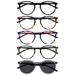 OPULIZE Met 5 Pacco Occhiali Da Lettura Con Lettore Sole Giro Nero Marrone Porpora Verde Grigio Uomo Donna RRRRS60-12567 +3,00