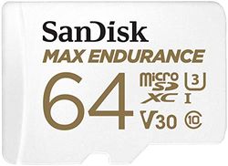 SanDisk MAX ENDURANCE Video Monitoring for Dashcams & Home Monitoring 64 GB microSDXC Memory Card + SD Adaptor 30,000 Hours Endurance , White