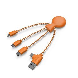 Xoopar - Mr Bio - Cavo multi USB 4 in 1 a forma di polipo arancione, caricatore universale progettato con materiali ecologici Micro USB, USB, Lightning, spina USB universale per Smartphone