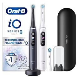 Oral-B iO 8 Brosses À Dents Électriques Rechargeables, Manches Blanc Et Noir connectés Bluetooth Avec Technologie Magnétique, Cadeau Fêtes des Pères 3 Brossettes, 1 Étui De Voyage