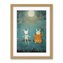 Artery8 Rabbits on a Swing with Moonlit Butterflies Calming Baby Nursery Artwork Framed Wall Art Print 18X24 Inch