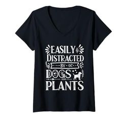 Womens Easily Distracted By Dogs and Plants Nature Lover V-Neck T-Shirt