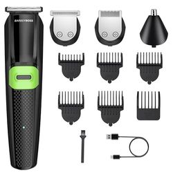BarberBoss Kit per la cura della barba All-in-One per uomo: tagliacapelli, tagliacapelli per naso e orecchie, Toelettatore senza fili, cura del viso, ricaricabile tramite USB, impermeabile