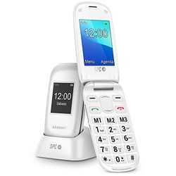 SPC Harmony - Téléphone Portable Senior à clapet avec Grandes Touches, Compatible avec Les appareils auditifs, Double écran, Bouton SOS, 3 mémoires directes, Base de Chargement - Couleur Blanc