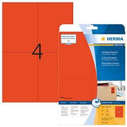 HERMA 4562 färgade etiketter A4 avtagbart (105 x 148 mm, 20 ark, papper, matt) självhäftande, utskrivbara, avtagbara och återhäftande färgetiketter, 80 klistermärken, röd