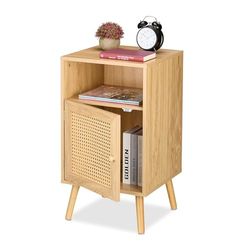 Relaxdays Bedside Table, Rattan Door, Wood Effect, 72x40x39 cm, Open Shelf, Bedroom Nightstand, Side Cabinet, Natural, Fibreboard, Bamboo, Plastic