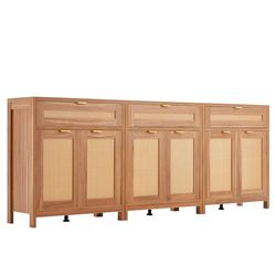 VEVOR Rattan Cabinet, Set of 3, Rattan Storage Cabinet with 6 Magnetic Doors and 3 Drawers, Sideboard Buffet Cabinet with Adjustable Shelves, Ideal for Hallway, Entryway,Living Room,or Kitchen,Natural