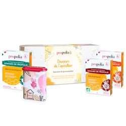 PROPOLIA - Coffret Cadeau - Coffret Douceurs de l'apiculteur - Gommes de propolis 3 saveurs - Miel - Eucalytpus - Gingembre & Citron - Boite rechargeable offerte - Fabriqué en France - 1 lot