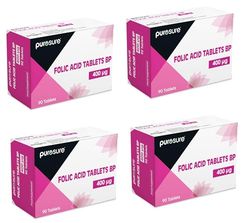 Folic Acid 400 mcg Tablets 4Pack 360 Vitamin B9 Tablets 1 Year Supply for Pregnancy Care Supports Maternal Tissue Growth During Pregnancy Reduce Tiredness and Fatigue Boost Health and Immune System