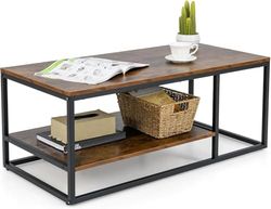 FANTASK Houten salontafel, 105 x 50 x 42,5 cm, woonkamertafel, industrieel design, bijzettafel met metalen frame en planken, banktafel, vintage, eenvoudige montage