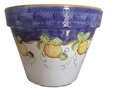 VASO BLU LIMONI IN CERAMICA DI VIETRI E SOTTOVASO IN CERAMICA BIANCA; DIAMETRO CM. 25, ALTEZZA CM. 22 CACHEPOT FIORIERA COTTO