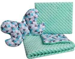 Babydeken, kruipdeken, set, 3-in-1, 100% katoen, Minky kinderdeken 55 x 75 + 35 x 30 cm, plat kussen en anti-shock kussen, vlinder Medi Partners (munt, driehoek, mint, minky)