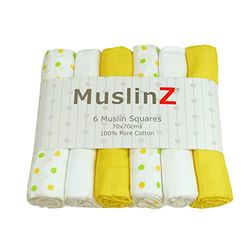 MuslinZ- 6 pack 100% pure soft cotton Muslin Squares Baby Burp Cloths in Plain, White and Polka Dot Mix 70x70cms Perfect for Newborns (6 Pack, Yellow Combo)