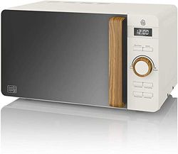 Swan Forno a microonde digitale Nordic 20 L, 6 livelli di potenza, timer da 30 minuti, facile pulizia, modalità scongelamento, manico effetto legno, bianco opaco