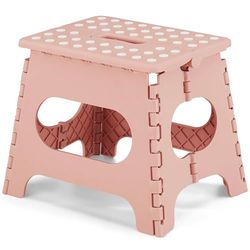 VECELO Marchepied Pliable, 28cm Tabouret Pliant Antidérapant avec Poignée pour Enfants et Adultes, Léger et Portable pour la Cuisine, Salle de Bain, Camping, Rose