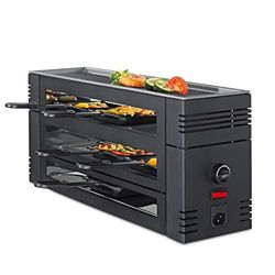 Spring PIZZA RACLETTE 6 personen, zwart, raclette met pizzafunctie, 6 raclettepannetjes en racletteschraper, stelniveau, elektrische tafelgrill, 46 × 16 × 21,5 cm, 1100 W, raclette grill