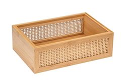 WENKO Bandeja de baño Allegre L, bandeja decorativa moderna, estilo Boho, de bambú y ratán trenzado de calidad óptima, para guardar de forma práctica los utensilios del baño, 22 x 7 x 15 cm, natural