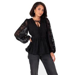 Lovedrobe Women's Floral Top Dam Blouse Lång Ballong Sleeve V-Neckline Peplum Chiffong Tie Front Smart Casual Office Wear, Svart 48, Svart, 42