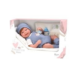 Arias – Muñeca Elegance Zoe, bebé pelirrojo de peso 4,2 kg, 45 cm, con cuerpo blando y extremidades de vinyl, ropa azul y gorro, porta accesorios, chupete, cambiador, biberón y pañal, (ARI65321)