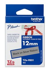 Brother TZER931 Nastro in tessuto TZE sfondo argento e scritta nera da 12MM x 4m di lunghezza