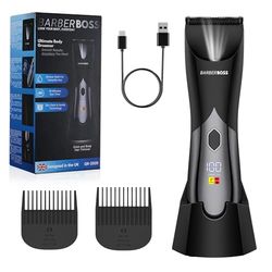 BarberBoss Body & Beard Hair Trimmer for Men, Waterproof Body Groomer - Groin & Ball Shaver, Intimate Hair Clippers with Travel Lock, Men's Trimmer, QR-2020