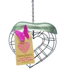 Honeyfields Wild Bird 'Love Nature' - Comedero de Bolas de Cebo, Forma de corazón, Metal Negro con una Tapa Decorativa de Acero Inoxidable, fácil de Colgar y un Gran Regalo para un ser Querido.