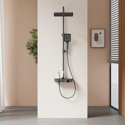 EMKE Columna de Ducha Termostática con Ducha de Lluvia y Ducha Manual, 1142x303x460mm,Antracita Mate, set de ducha con estante de vidrio,Altura Adjustable 812-1142mm,Función 3 en 1