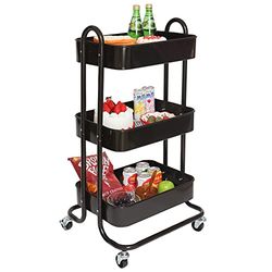 BAKAJI Keukenwagen van metaal, 3 planken, smal, industrieel, met 4 draaiwielen, ideaal voor keuken, badkamer, woonkamer, ruimtebesparend design, multifunctioneel, 46 x 40 x 84 cm (zwart)