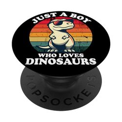 Just A Boy Who Loves Dinosaurs Divertido Retro Dinosaurio T-Rex PopSockets PopGrip Adhesivo
