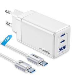 NOHON Chargeur USB-C Rapide Prise: 65W GaN 3 Ports PD3.0 avec 140W USB C Rapide Cable 1.2M | PPS Compatible avec MacBook Pro Air Airpods iPad iPhone 15 14 13 12 Pro Max Galaxy S23(Blanc)