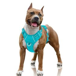 BARKBAY Anti-trek hondentuigje, reflecterend hondentuigje met clip aan de voorkant en eenvoudige handgreep voor wandelen, training, hardlopen met ID-tagzak (oceaanblauw, L)