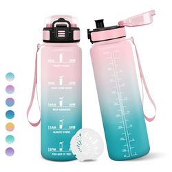 Borraccia, 1000ML Senza BPA, Borraccia Bambini, Con marca temporale, Borraccia Motivazionale, Design della serratura a prova di perdite, Bottiglia Acqua per Sport, Scalare Montagne - Rosa&Ciano