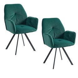 MEUBLE COSY Set van 2 Eetkamerstoelen, 360° draaibaar, Scandinavische stoel met rugleuning en armleuningen, voor woonkamer, keuken, kantoor, gestoffeerde zitting van fluweel met metalen poten, groen