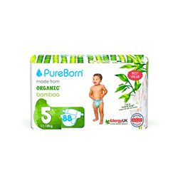 PureBorn Eco Organic Bambusowe pieluchy, Rozmiar 5 (11-18 kg), 88 sztuki, Hipoalergiczne, Ultra miękkie, Ekologiczne, Różne Nadruki, Wskaźnik Wilgotności