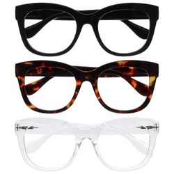 OPULIZE BIG Blue Light Blocking Reading Glasses - Bold Round Fashion Frame - Anti-Glare Anti-Reflective Computer Gaming - 3 Pack - UV & Eyestrain Protection - Black Brown Clear - Mens Womens +2.00