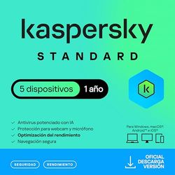 Kaspersky Standard Anti-Virus 2025 | 5 dispositivos | 1 año | Seguridad Avanzada | Protección Bancaria en línea | Optimización del rendimiento | PC/Mac/Móvil | Código por email