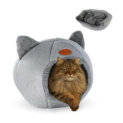 Mobiclinic® pets, Kattbädd, Grotta nest, Hellocatty, Mjukt tyg, Maskintvättbar, Lätt att vika ihop och förvara, Halkfri, Bekväm avtagbar kudde, Skum 25d, Modern design
