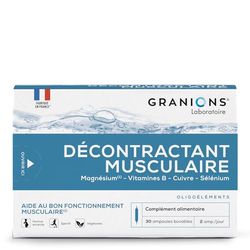 Décontractant Musculaire GRANIONS | Réduit les crampes, gênes, raideurs musculaires | Magnesium, Vitamine B, Cuivre, Selenium | Pour toute la famille | 30 ampoules | Fabriqué en France